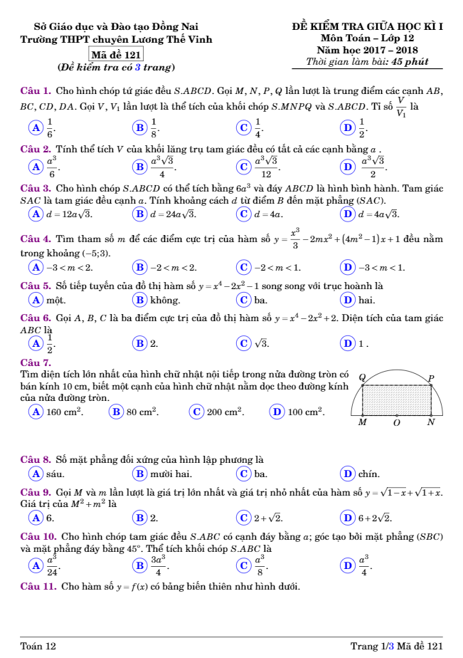 Đề kiểm tra giữa HKI môn Toán 12 năm học 2017 2018 trường THPT chuyên Lương Thế Vinh Đồng Nai 7 decc80 kiecc89m tra giucc83a hki mon toacc81n 12 nam hocca3c 2017 2018 truocc80ng thpt chuyen luong the vinh dong nai d