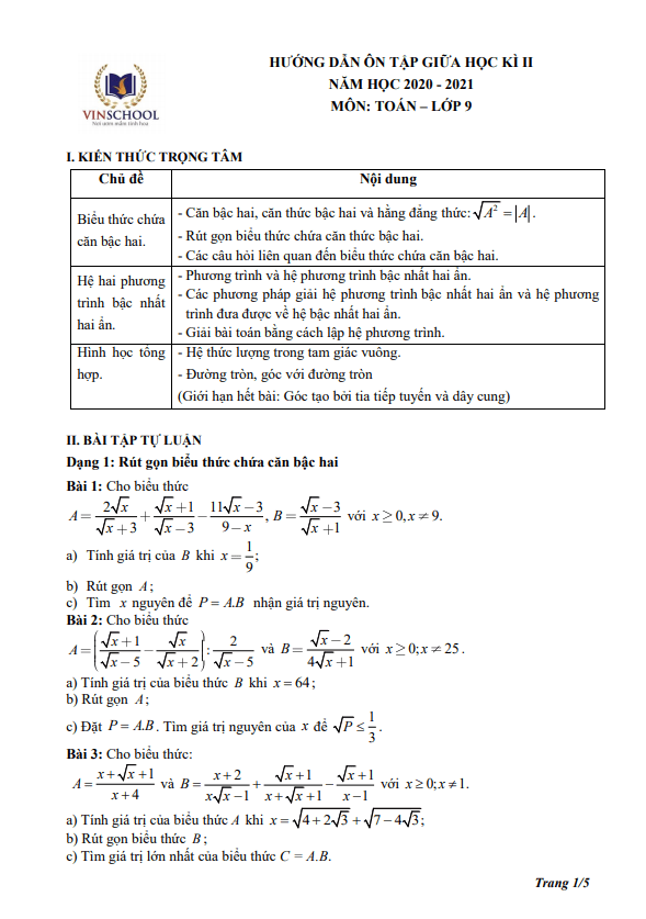 huong dan on tap giua hoc ki 2 hk2 lop 9 mon toan nam 2020 2021 truong vinschool ha noi d