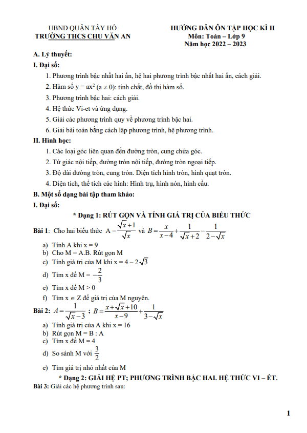 huong dan on tap hoc ki 2 hk2 lop 9 mon toan nam 2022 2023 truong thcs chu van an ha noi d