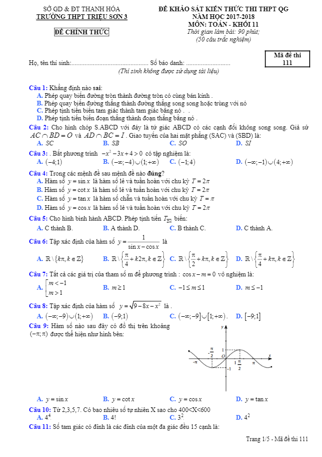 khao sat kien thuc thi thpt quoc gia nam hoc 2017 e28093 2018 lop 11 mon toan truong trieu son 3 e28093 thanh hoa d