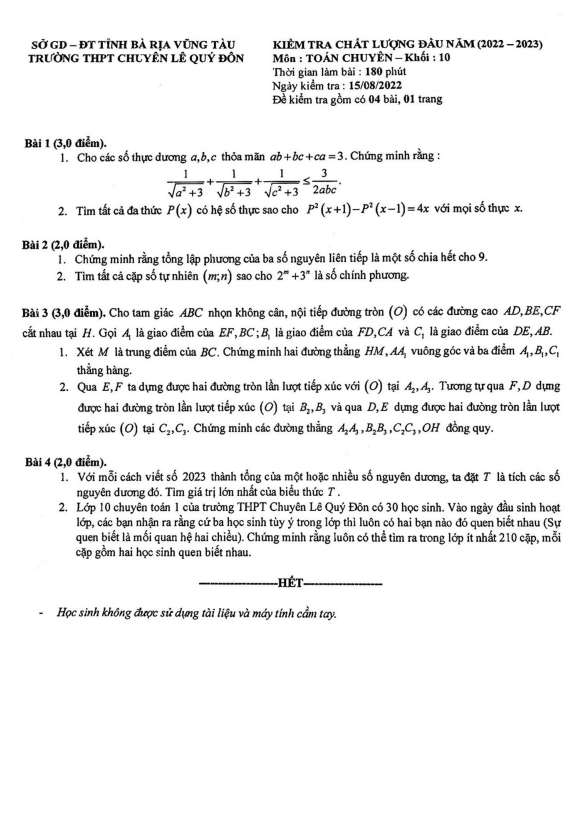 kiem tra chat luong lop 10 mon toan chuyen dau nam 2022 2023 chuyen le quy don br vt d