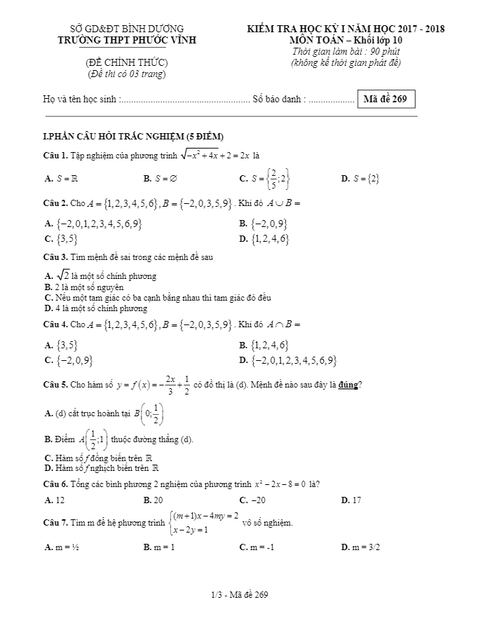 kiem tra hoc ki 1 hk1 lop 10 mon toan nam hoc 2017 2018 truong thpt phuoc vinh binh duong d