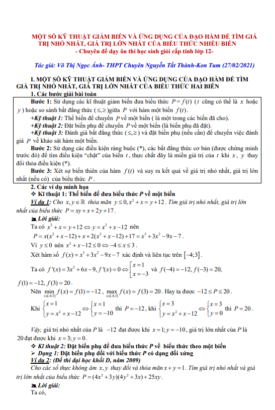 Kỹ thuật giảm biến và ứng dụng đạo hàm tìm GTNN GTLN biểu thức nhiều biến 1 ky thuat giam bien va ung dung dao ham tim gtnn gtln bieu thuc nhieu bien d