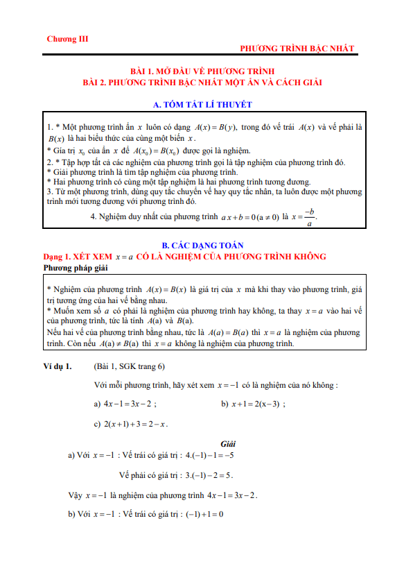 ly thuyet cac dang toan va bai tap phuong trinh bac nhat mot an d