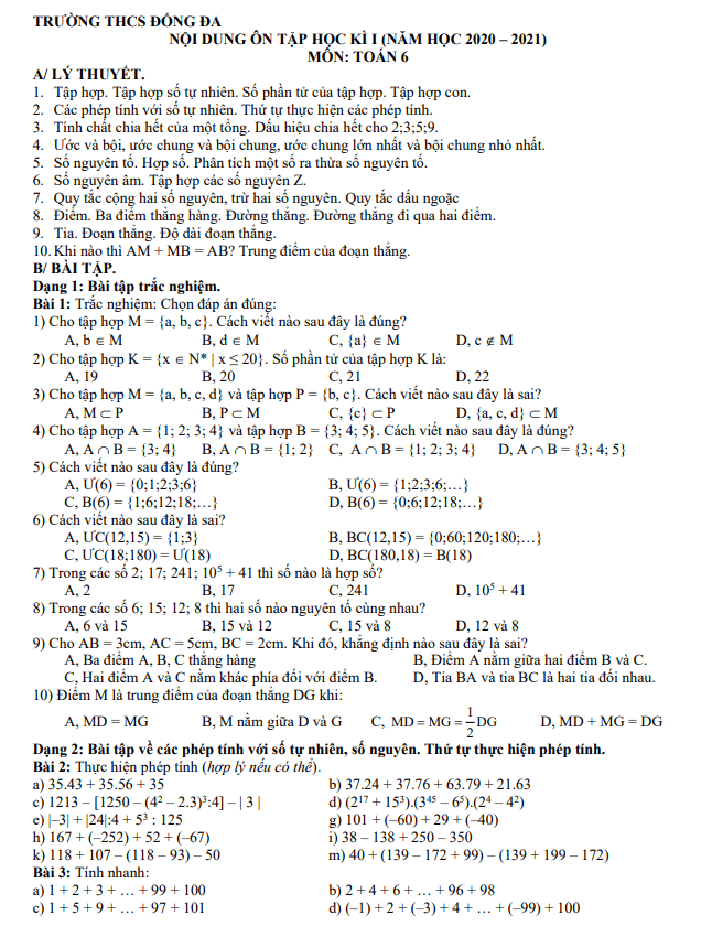 noi dung on tap hoc ki 1 hk1 lop 6 mon toan nam 2020 2021 truong thcs dong da ha noi d