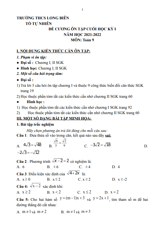 on tap cuoi hoc ki 1 hk1 lop 9 mon toan nam 2021 2022 truong thcs long bien ha noi d