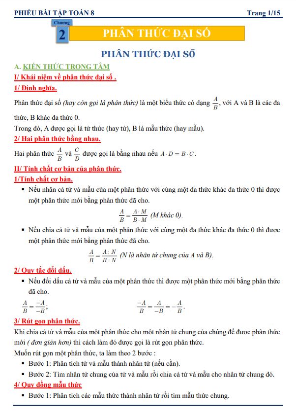 phieu bai tap lop 8 mon toan chu de phan thuc dai so d