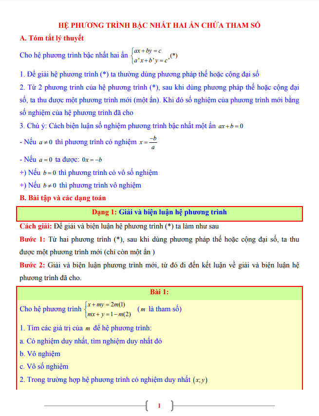 tai lieu lop 9 mon toan chu de he phuong trinh bac nhat hai an chua tham so d