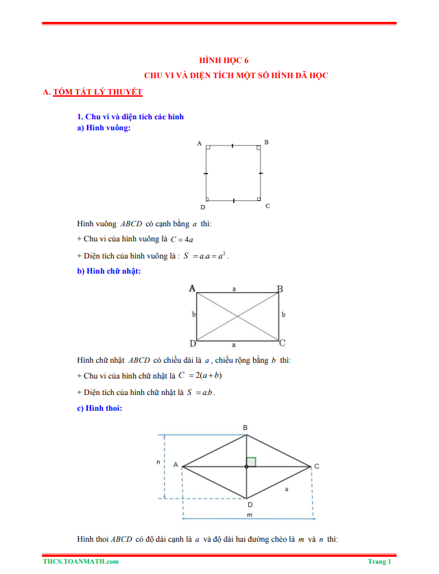 tom tat ly thuyet va bai tap trac nghiem chu vi va dien tich cua mot so tu giac da hoc d