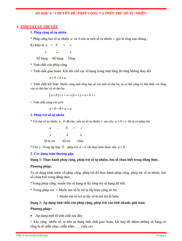 tom tat ly thuyet va bai tap trac nghiem chuyen de phep cong va phep tru so tu nhien d