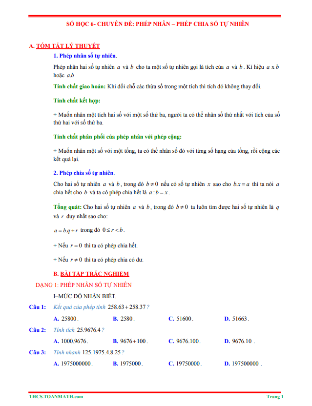 tom tat ly thuyet va bai tap trac nghiem chuyen de phep nhan va phep chia so tu nhien d