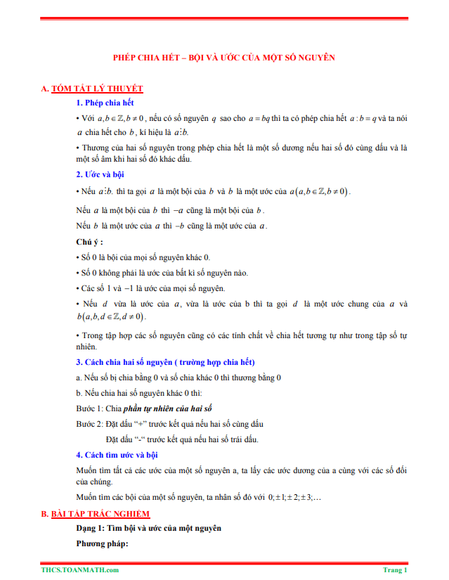 Tóm tắt lý thuyết và bài tập trắc nghiệm phép chia hết, ước và bội của một số nguyên 1 tom tat ly thuyet va bai tap trac nghiem phep chia het uoc va boi cua mot so nguyen d