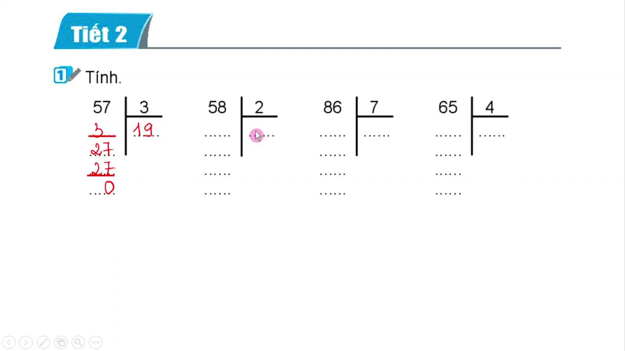 Hình ảnh minh họa chi tiết các bước thực hiện phép chia 58 cho 2.