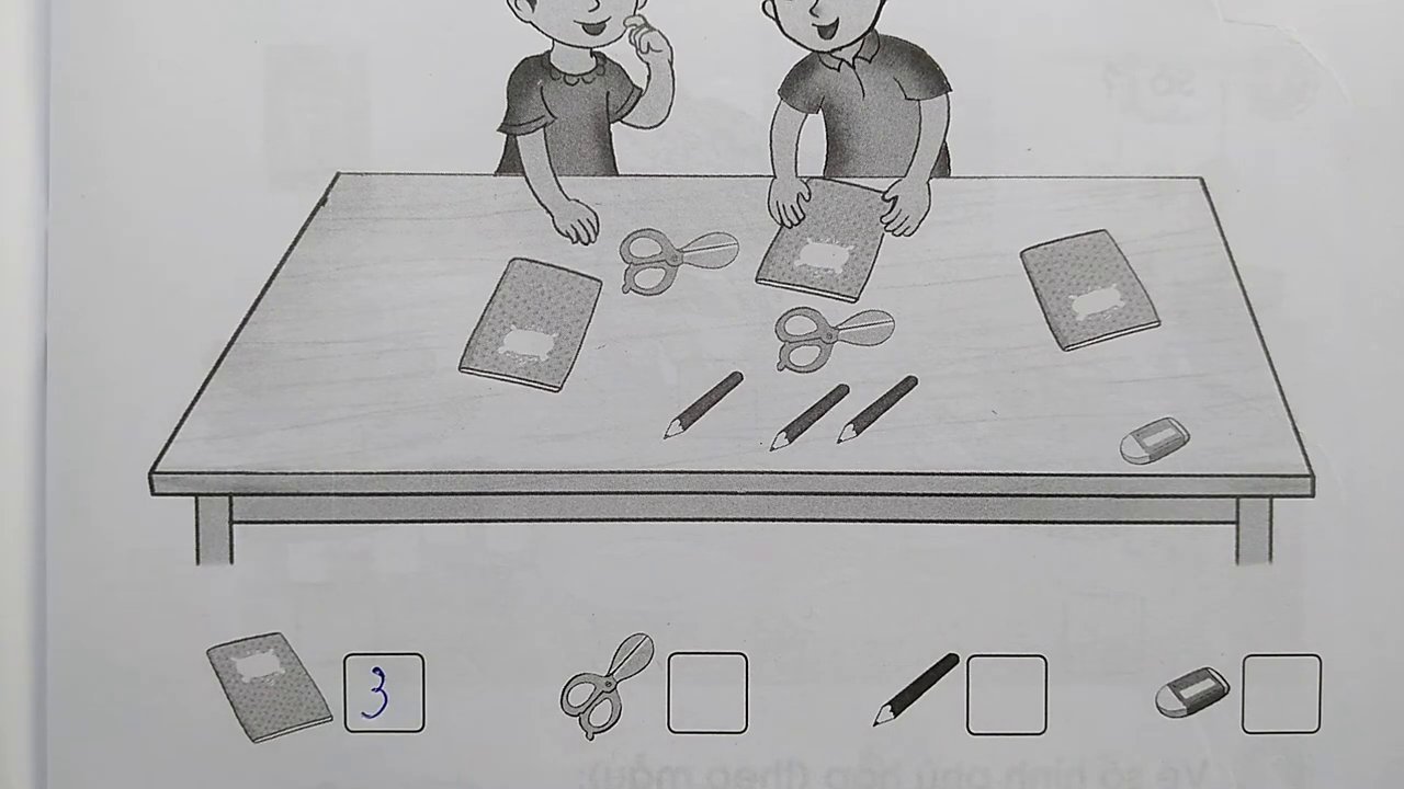 Bài tập đếm và nối 3 tờ giấy màu với số 3.