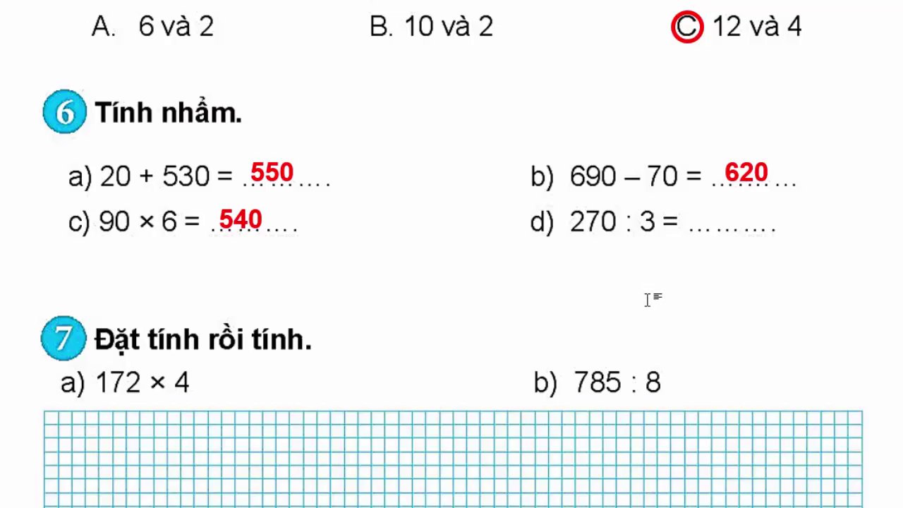 Hình ảnh minh họa quá trình đặt tính và thực hiện phép nhân, phép chia có nhớ, giúp bé theo dõi từng bước.