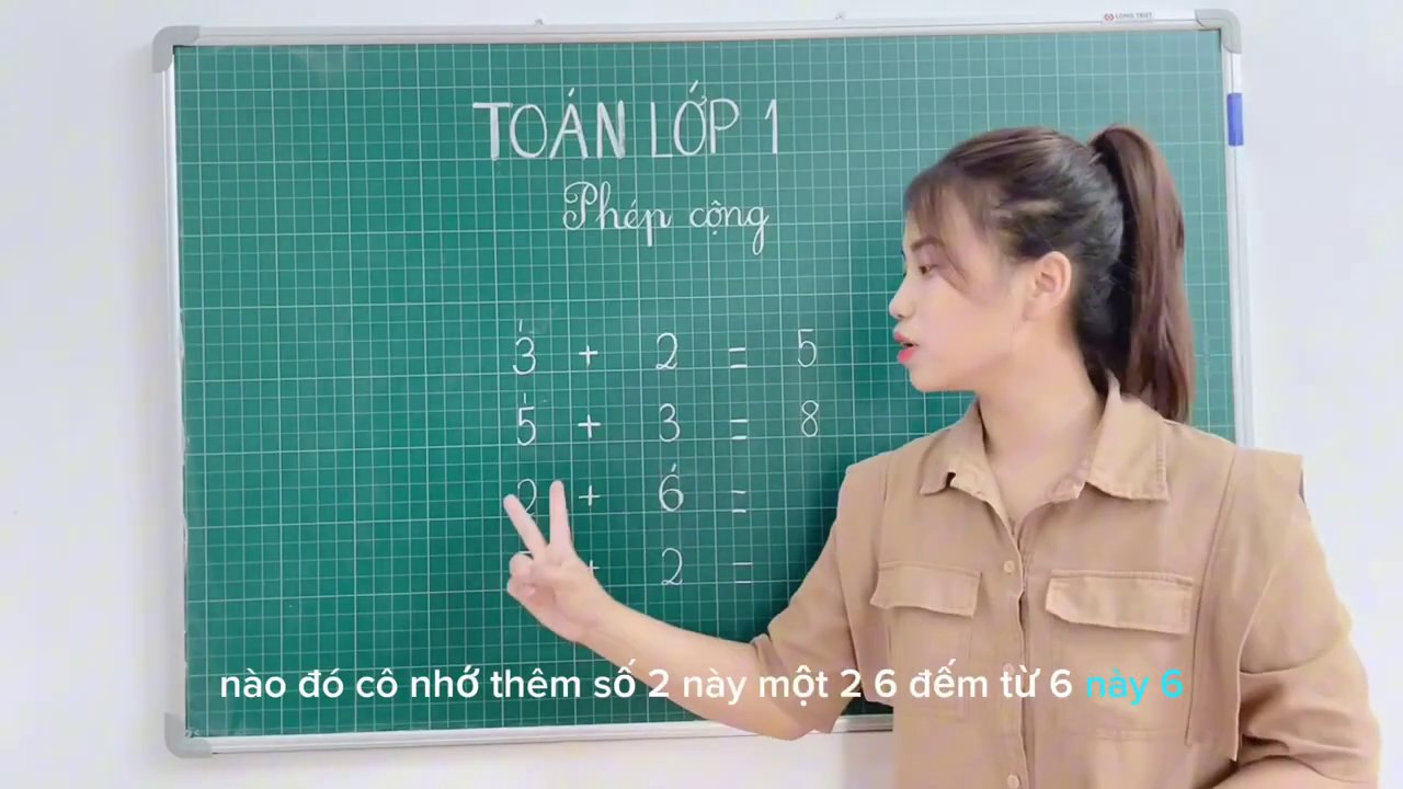 Minh họa bằng hình ảnh các chú thỏ: 2 chú thỏ trắng và 6 chú thỏ nâu cùng nhảy vào một chuồng, tổng cộng 8 chú.