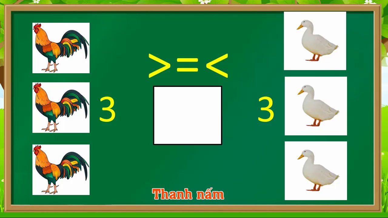 Kết quả bài tập so sánh bằng nhau: 3 con gà trống bằng 3 con vịt.