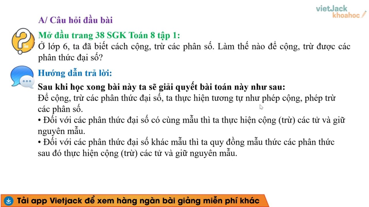 Bí Quyết Thành Thạo Phép Cộng Trừ Phân Thức Đại Số: Từ Lý Thuyết Đến Bài Tập Minh Họa Chi Tiết 1 Minh họa quy tắc cộng trừ phân thức đại số: cùng mẫu và khác mẫu.