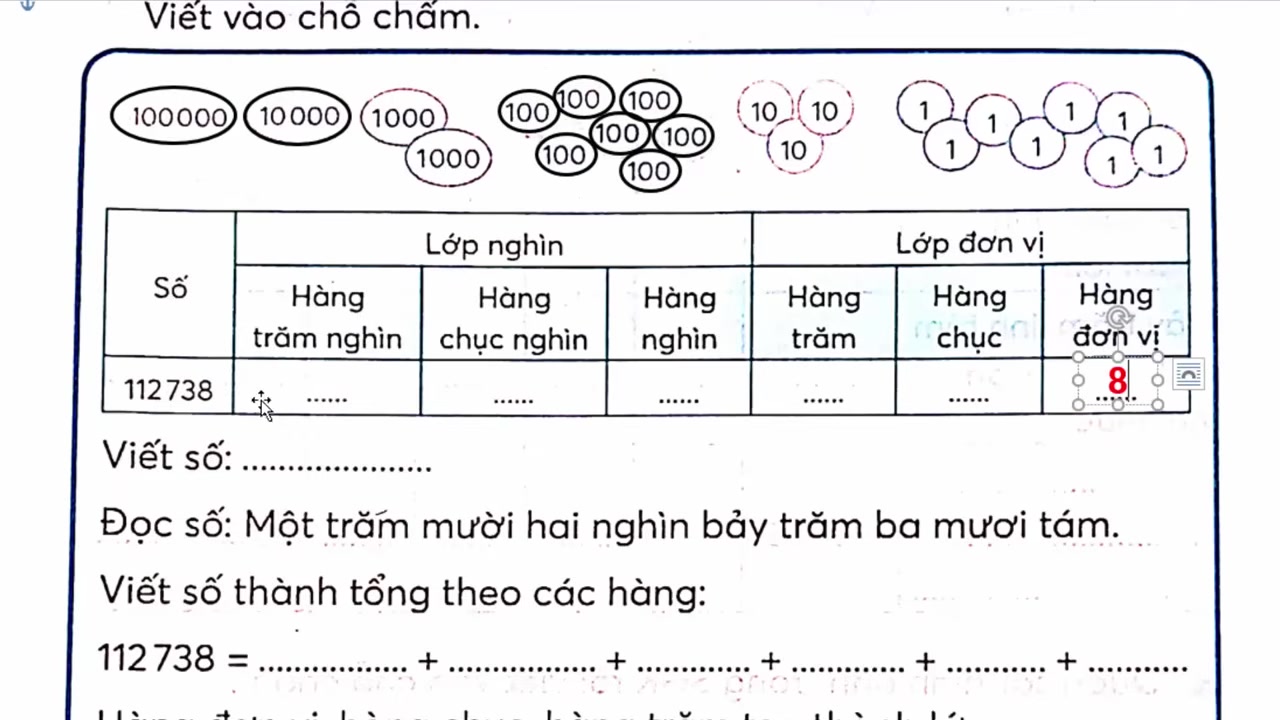 Hướng dẫn bé phân tích số 112 thành 100, 10 và 2 để hiểu rõ cấu tạo.