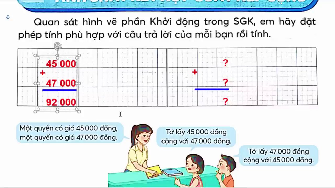 Minh họa phép tính 45,000 + 47,000 và 47,000 + 45,000 đều cho kết quả 92,000 đồng.