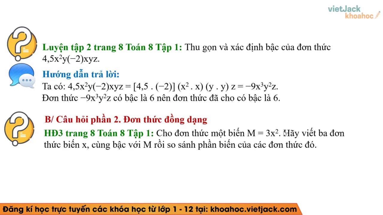 Ví dụ trực quan về các đơn thức một biến đồng dạng được liệt kê.