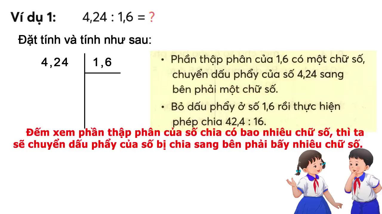 Hình ảnh minh họa chi tiết cách đặt tính phép chia 4,24 : 1,6 từng bước một.
