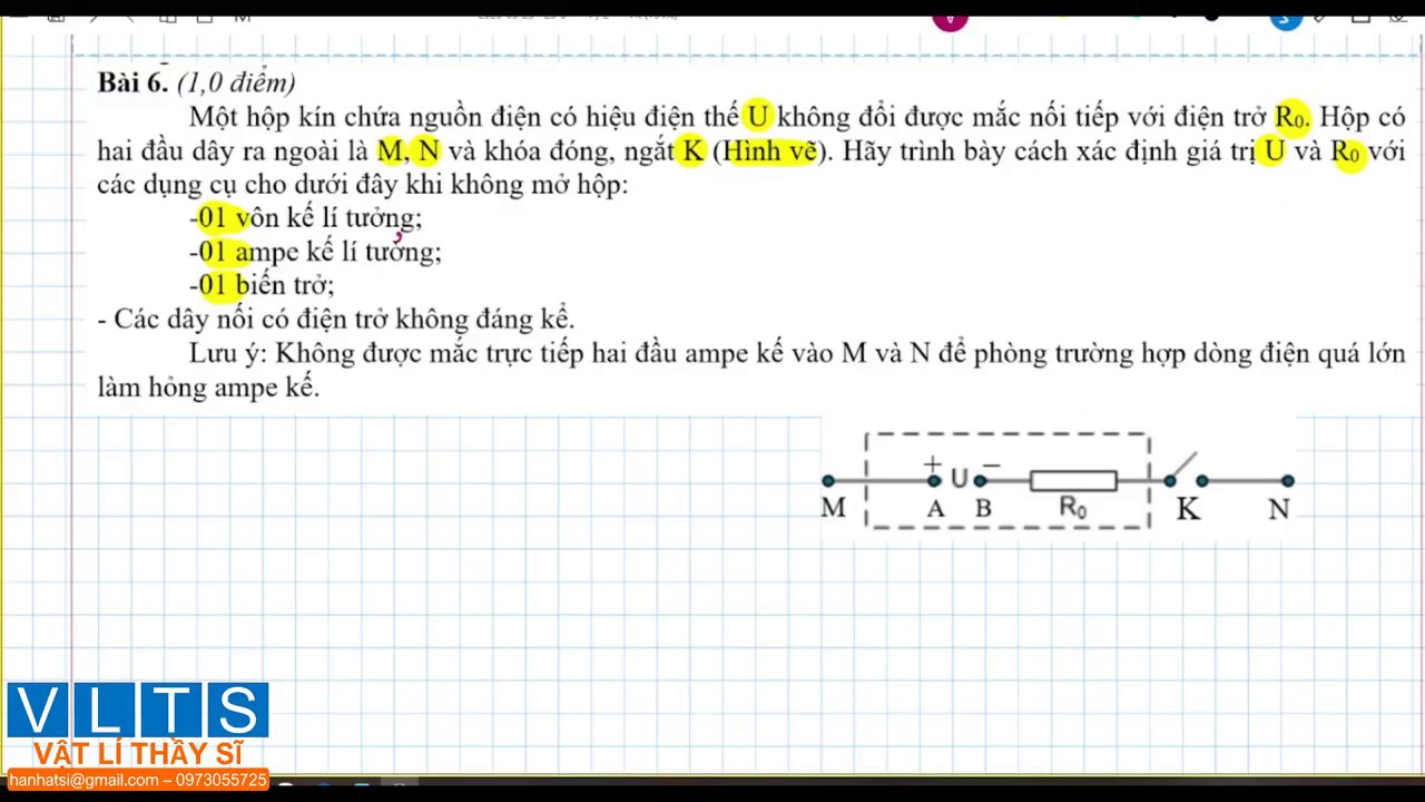 Sơ đồ nguyên lý mạch điện với nguồn U,r₀, biến trở R, ampe kế A và vôn kế V.