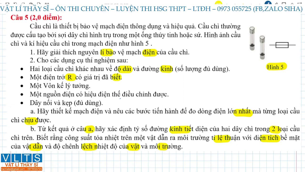 Sơ đồ mạch điện bao gồm nguồn điện, biến trở R₀, ampe kế (lý tưởng), và hai đầu kẹp để gắn các loại cầu chì khác nhau.